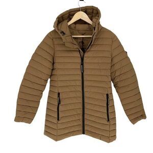 BCBGMaxAzria Womens Feather Free Eco-Friendly Fill Puffer Jacket Camel Tan Mediu